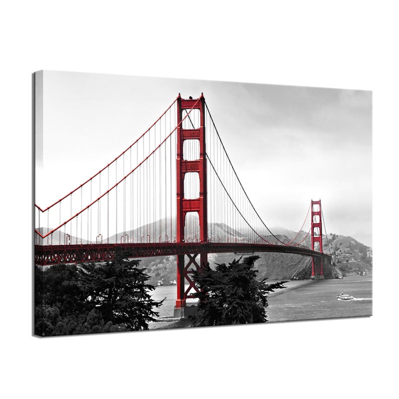 LevvArts Golden Gate Bridge Canvas Wall Art San Francisco Bridge Picture Painting Modern Black and White Red Home Wall Decoration -24"x 36" - Image 1